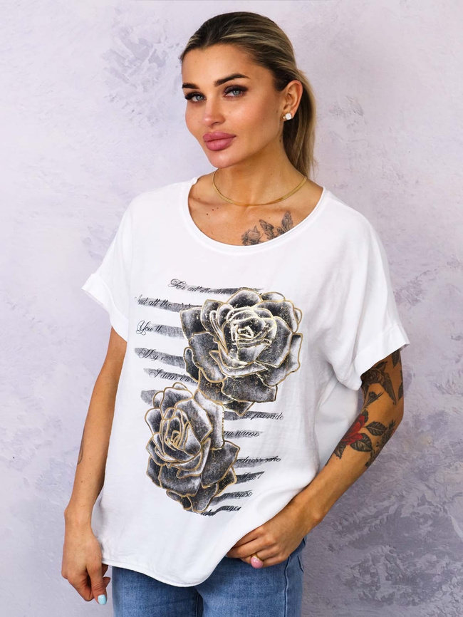 BLUZKA Z OZDOBNYMI ZŁOTYMI KWIATAMI- BIAŁA