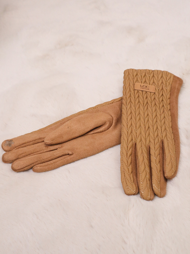 RĘKAWICZKI ZAMSZOWE Z PIKOWANIEM- BRĄZOWE
