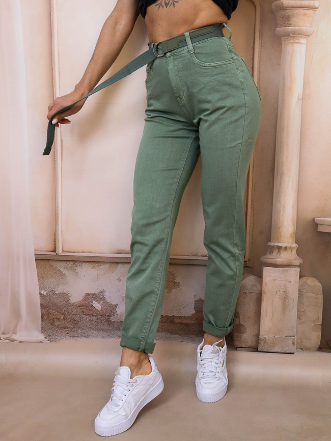 CIEMNO ZIELONE SPODNIE MOM FIT+ PASEK