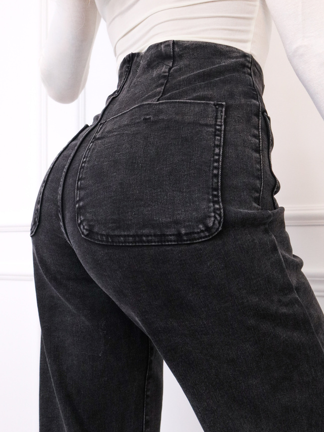 SPODNIE JEANSOWE Z OZDOBNYMI GUZIKAMI I KIESZENIAMI Z PRZODU- CZARNE