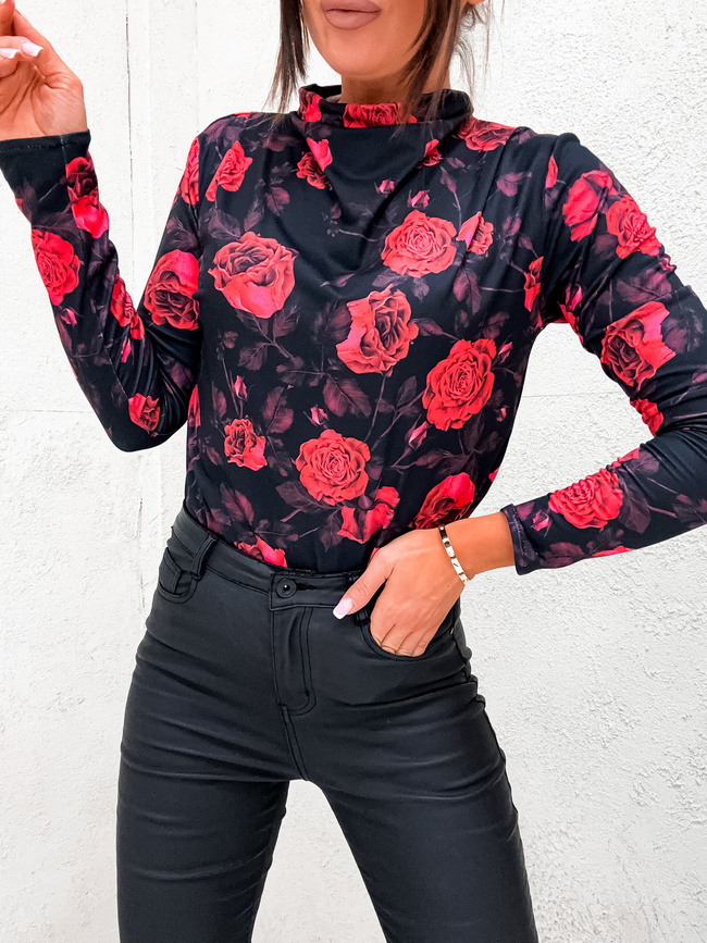 BLUZKA Z MOTYWEM KWIATÓW- CZARNA