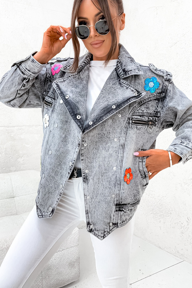 SZARA KURTKA JEANSOWA RAMONESKA Z NASZYWANYMI KWIATAMI