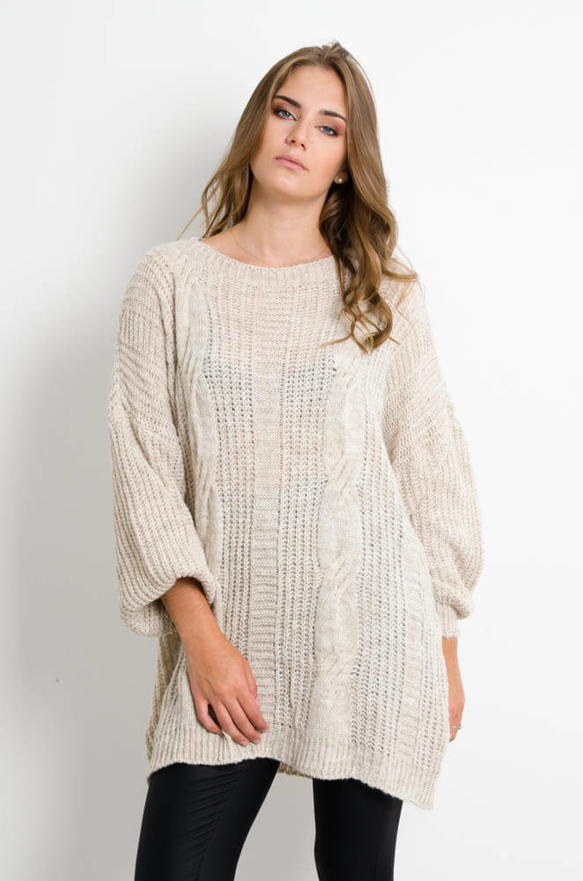 BEŻOWY SWETER Z BUFIASTYMI RĘKAWAMI