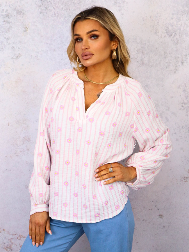 BLUZKA KOSZULOWA W PASKI I KWIATKI- JASNORÓŻOWA