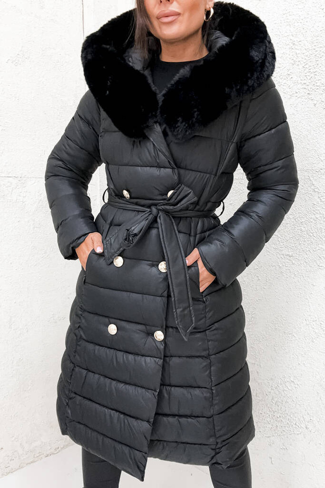 PIKOWANY PŁASZCZ ZE ZŁOTYMI GUZIKAMI I PASKIEM- CZARNY