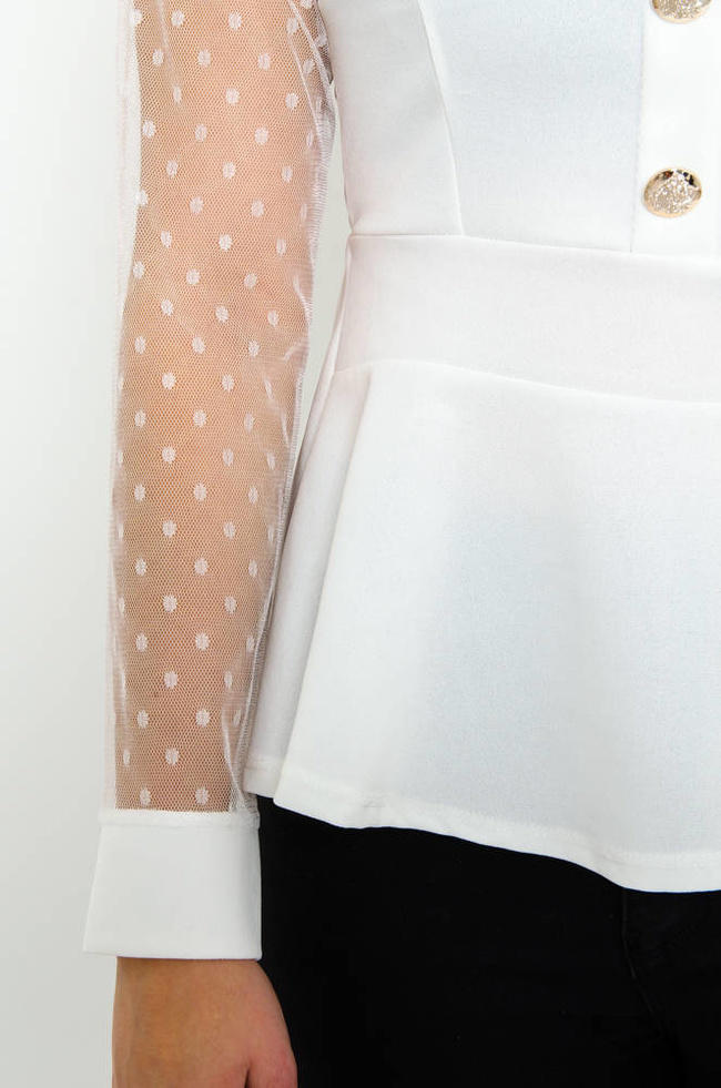 BIAŁA ELEGANCKA BLUZKA BASKINKA Z OZDOBNYMI GUZIKAMI