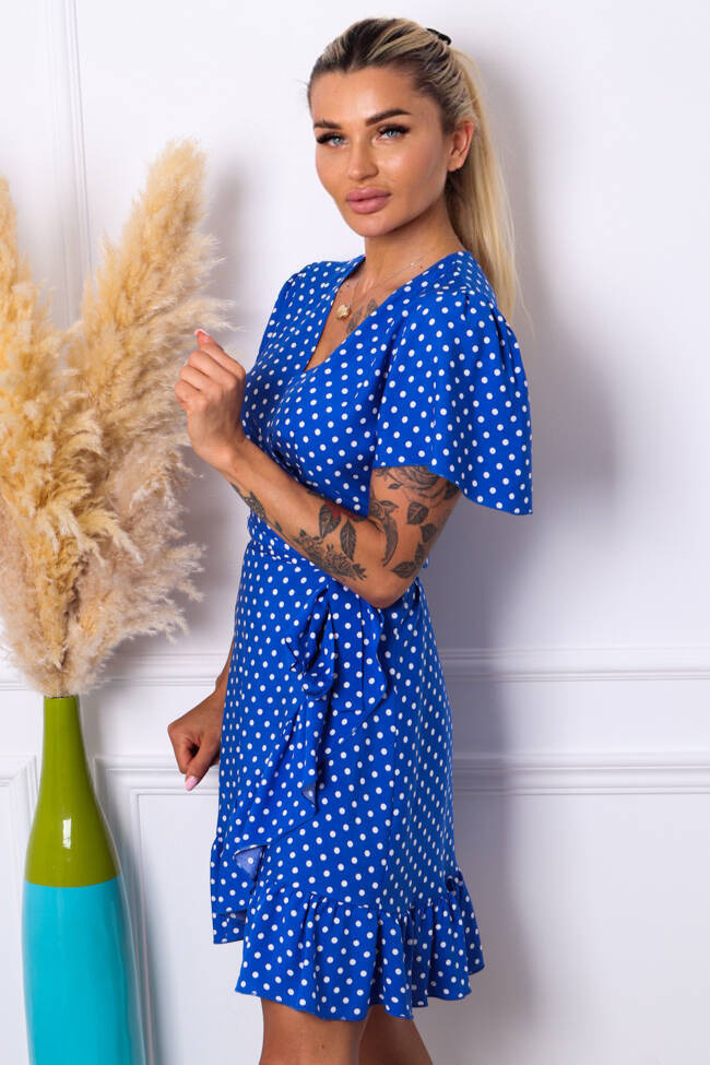 SUKIENKA KOPERTOWA W KROPKI Z PASKIEM- NIEBIESKA