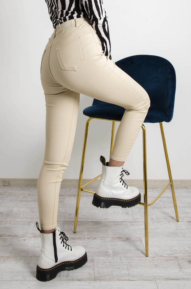 SPODNIE WOSKOWANE Z WYSOKIM STANEM- BEŻOWE