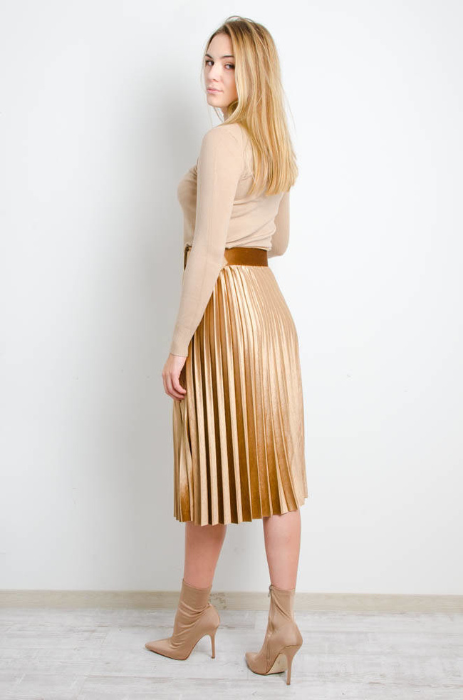 BRĄZOWA WELUROWA PLISOWANA SPÓDNICA Z PASKIEM-MIDI