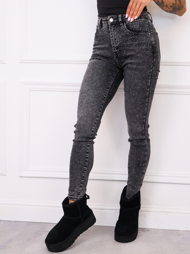SPODNIE JEANSOWE SKINNY W CYRKONIE- SZARE