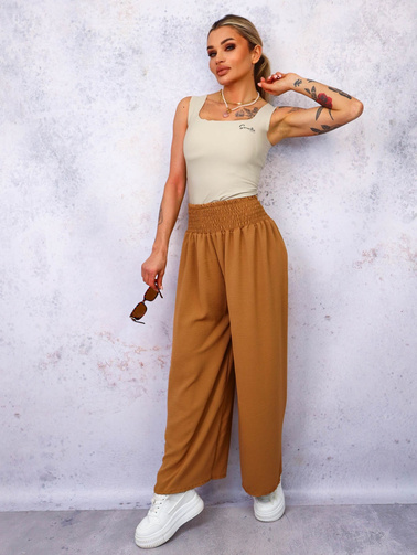 SPODNIE MATERIAŁOWE Z SZEROKIMI NOGAWKAMI I GUMĄ W PASIE- BRĄZOWE