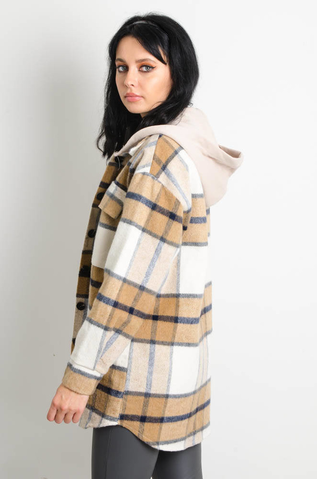 BEŻOWA KURTKA KOSZULA W KRATĘ Z KAPTUREM