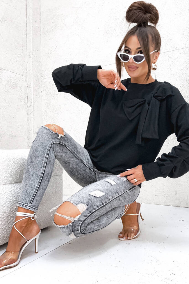 BLUZA Z OZDOBNĄ KOKARDĄ I MARSZCZENIAMI NA RĘKAWACH- CZARNA