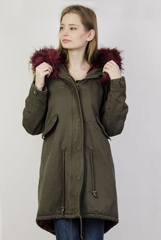 Kurtka khaki typu parka z bordowym futerkiem