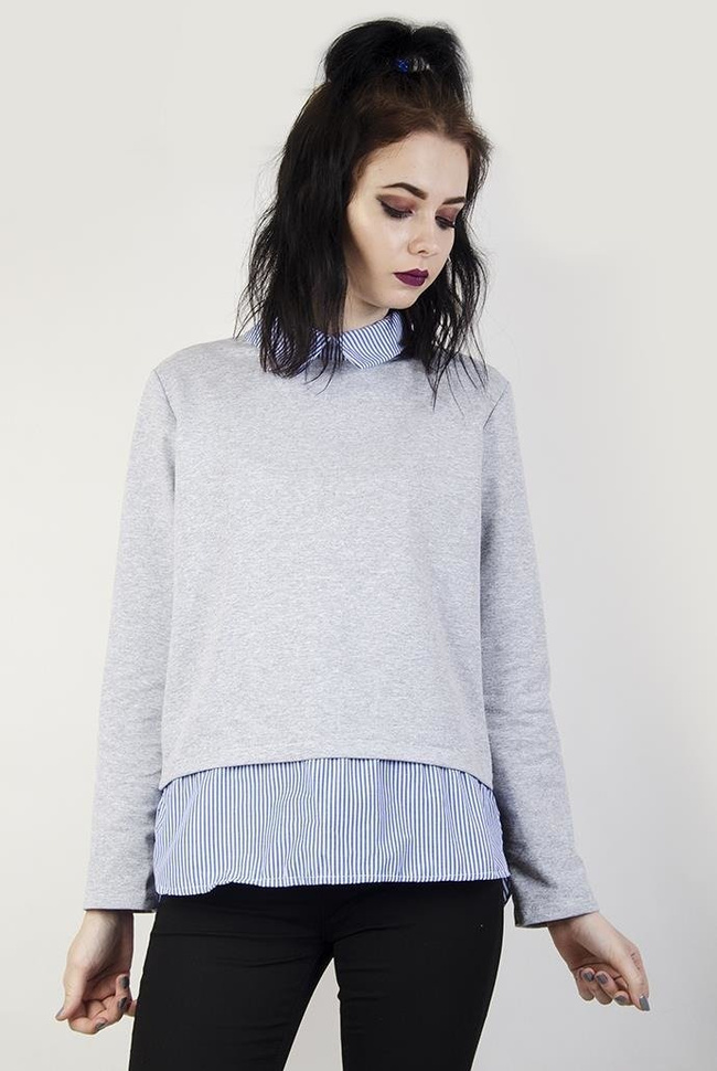 Szara bluzka z koszulowym przedłużeniem i kołnierzykiem