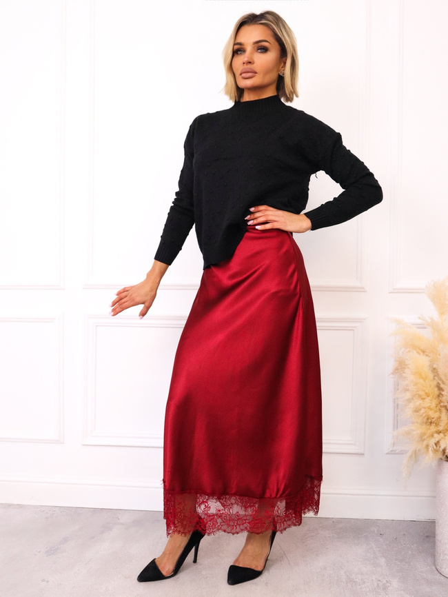 SPÓDNICA SATYNOWA MAXI ZAKOŃCZONA KORONKĄ- BORDOWA