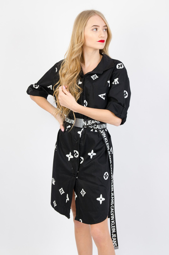 DŁUGA CZARNA ASYMETRYCZNA KOSZULA Z NADRUKIEM