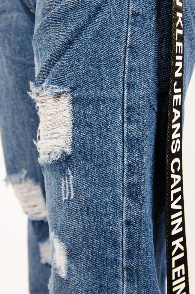 CIEMNE SPODNIE JEANSOWE MOM FIT Z PRZETARCIAMI- WYSOKI STAN