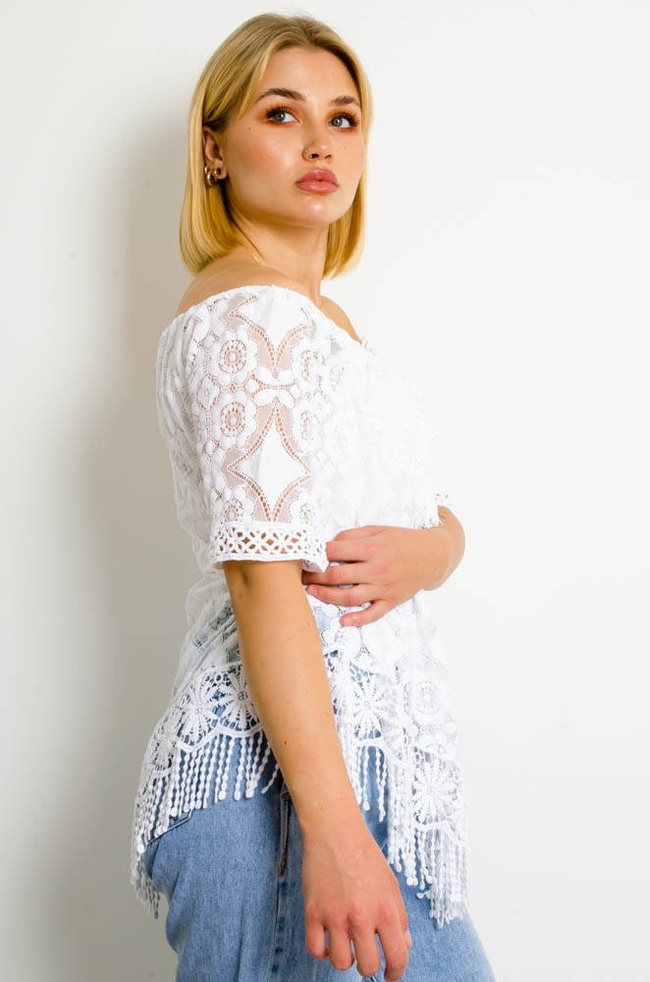 BIAŁA AŻUROWA BLUZKA Z FRĘDZLAMI NA DOLE