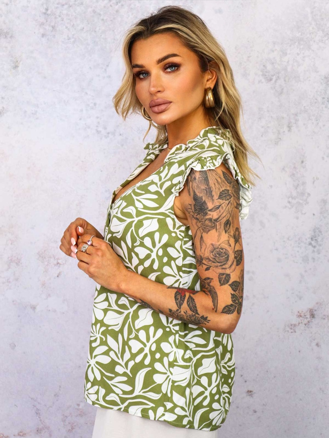 BLUZKA WZORZYSTA Z FALBANKAMI- ZIELONA