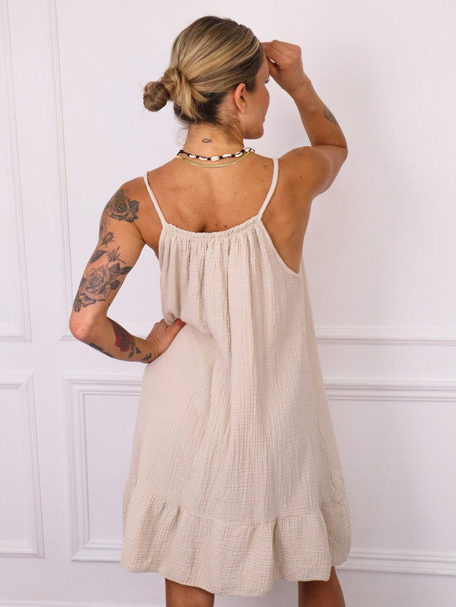 SUKIENKA MINI MUŚLNOWA NA RAMIĄCZKA Z FALBANĄ- BEŻOWA