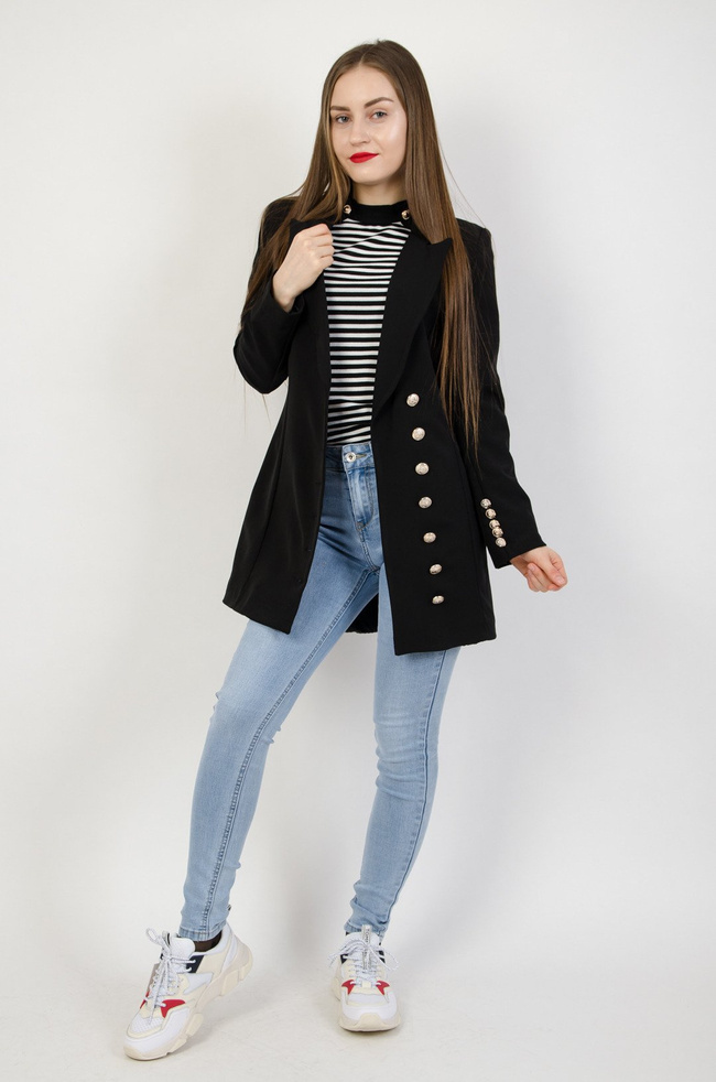 Czarna długa marynarka ze złotymi guzikami