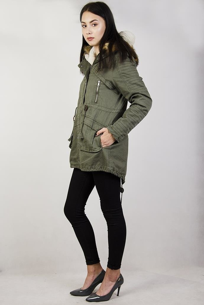 Khaki kurtka parka ocieplana z kapturem
