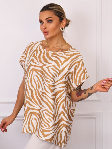 T-SHIRT OVERSIZE W ZEBRĘ Z OZDOBNYMI CYRKONIAMI- BRĄZOWY