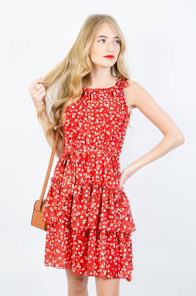 CZERWONA SUKIENKA Z FALBANAMI W DROBNE KWIATY 