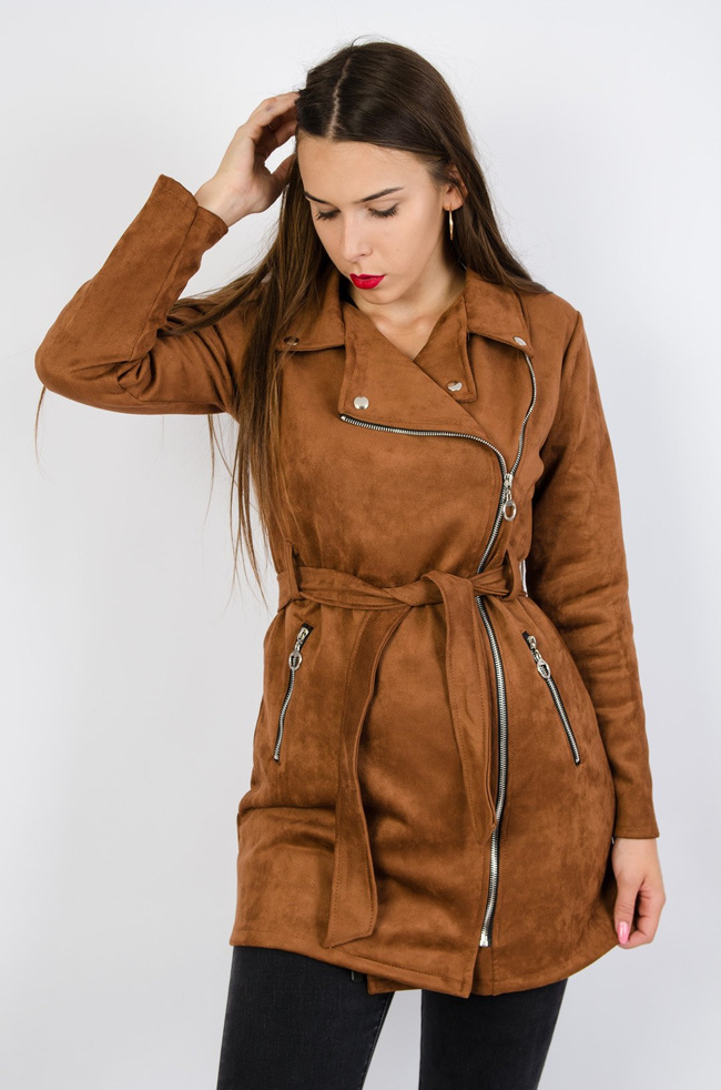 Brązowy płaszcz z imitacji zamszu