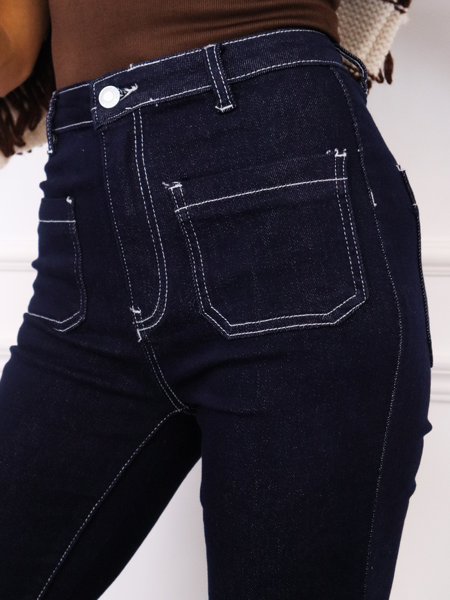 SPODNIE JEANSOWE DZWONY FLARE Z KIESZENIAMI Z PRZODU- GRANATOWY