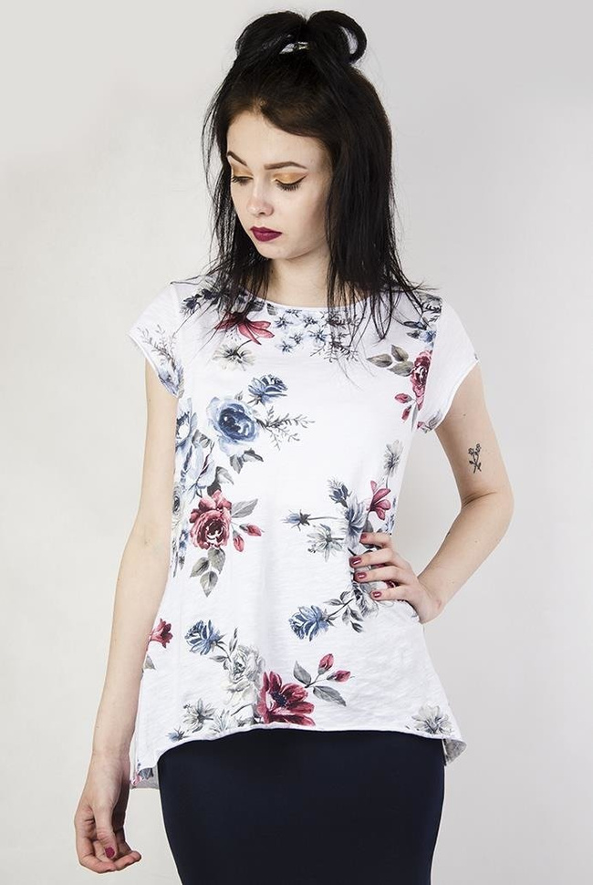 Biała bluzka w kwiaty, z krótkim rękawem