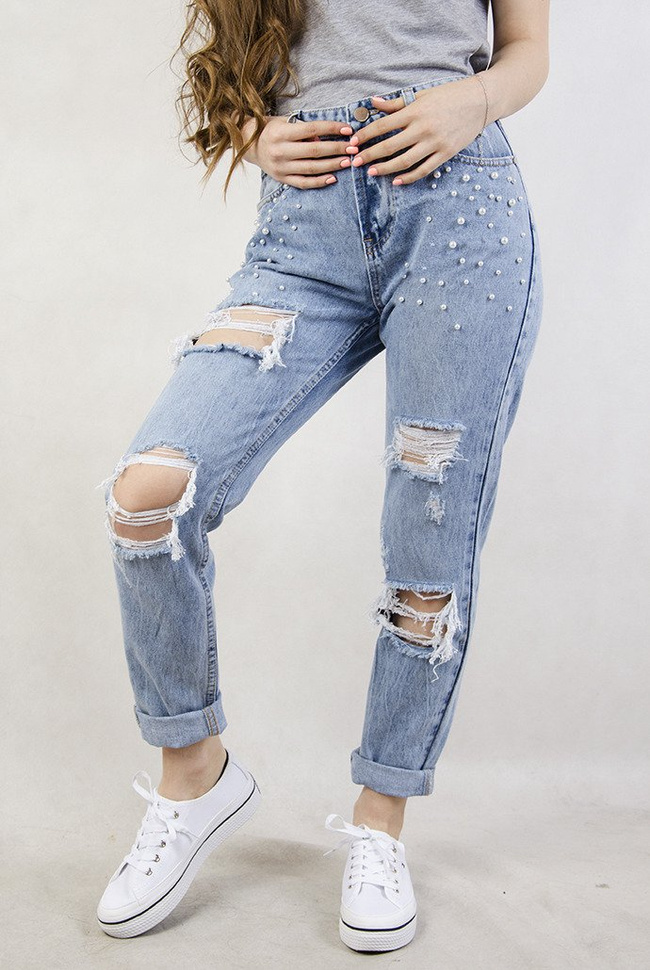Spodnie jeansowe typu boyfriend z perełkami