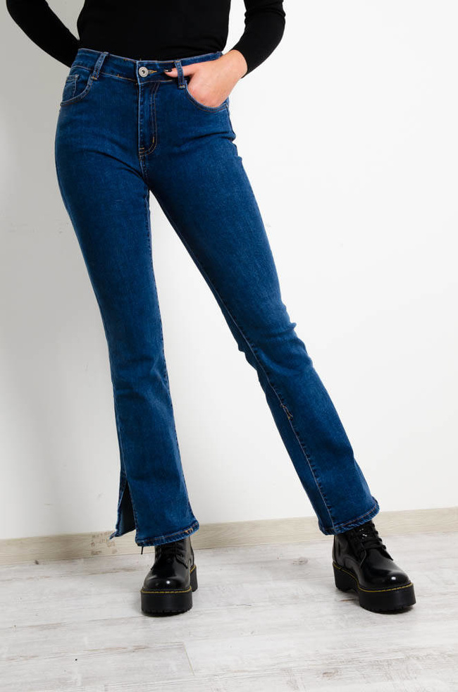 NIEBIESKIE SPODNIE JEANSOWE DZWONY Z ROZCIĘCIEM 