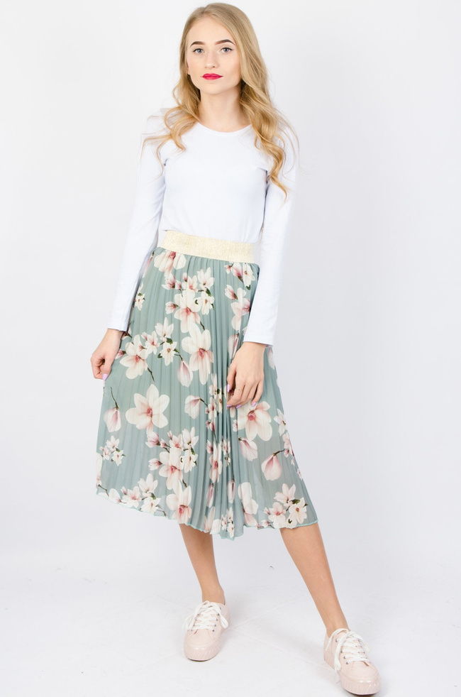 PLISOWANA SPÓDNICA W KWIATY W KOLORZE ZIELONYM