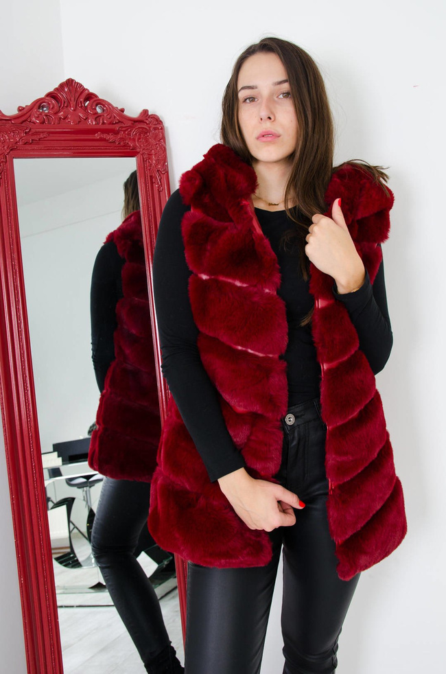 BORDOWA FUTRZANA KAMIZELKA Z KAPTUREM