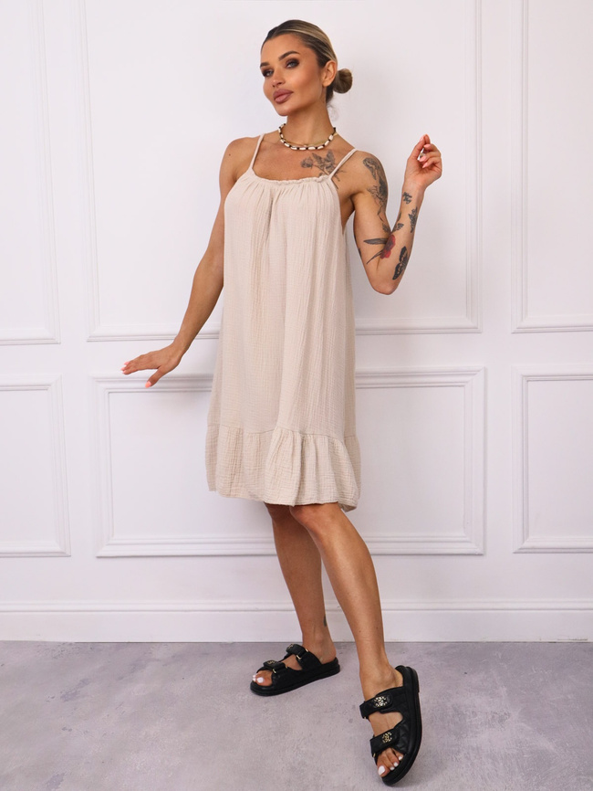 SUKIENKA MINI MUŚLNOWA NA RAMIĄCZKA Z FALBANĄ- BEŻOWA