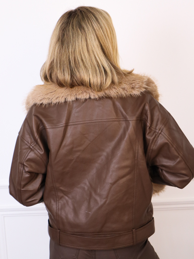 KURTKA RAMONESKA Z EKOSKÓRY Z ODPINANYM FUTERKIEM- BRĄZOWA