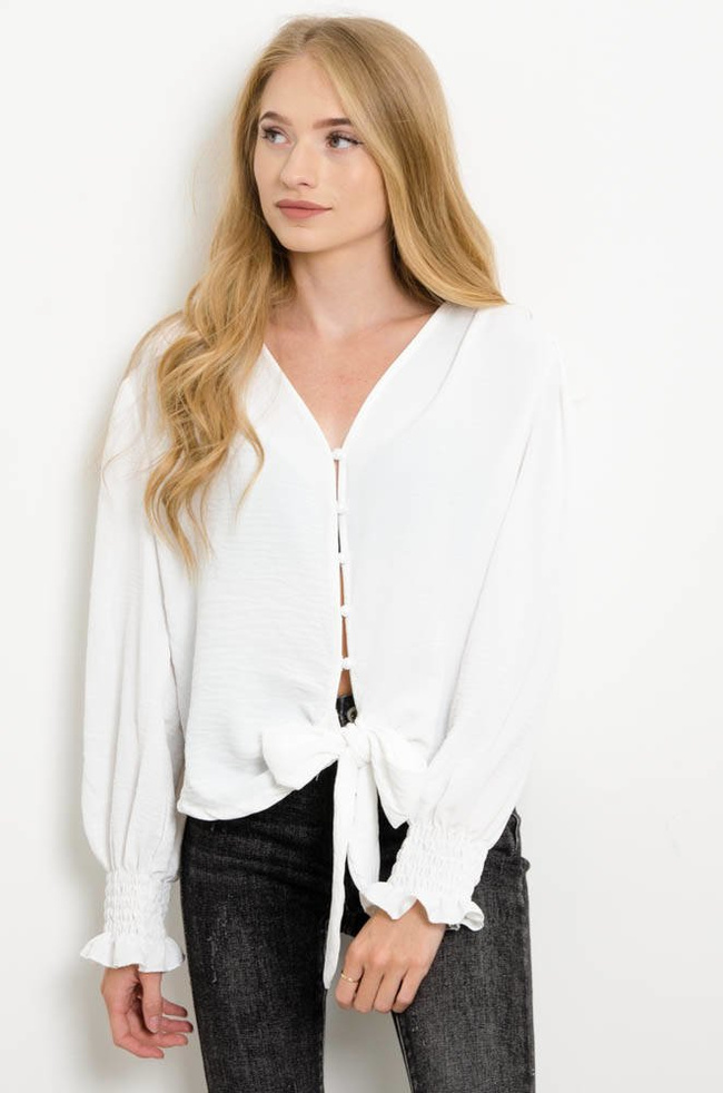BIAŁA ZAPINANA BLUZKA Z WIĄZANIEM NA DOLE