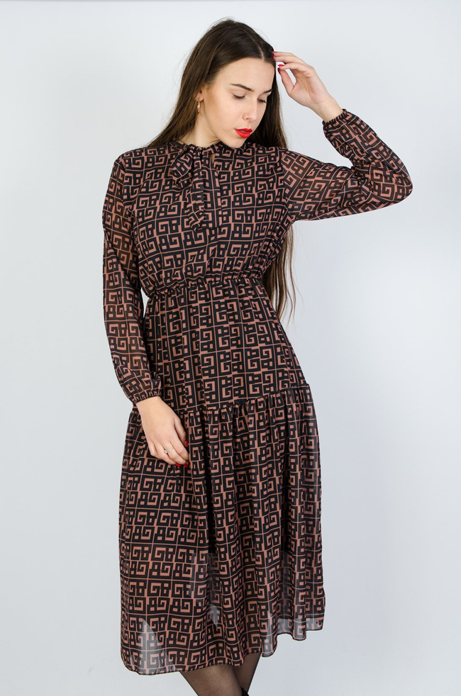 Czarno brązowa sukienka midi z gumką w pasie