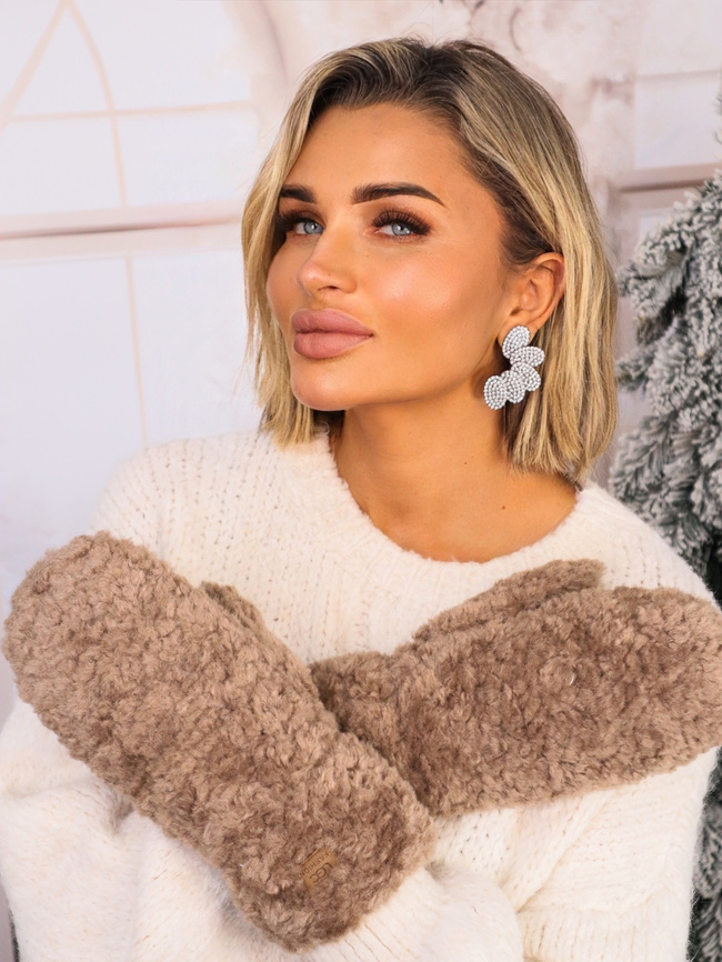 RĘKAWICZKI FUTRZANE NA JEDEN PALEC Z LOGIEM- BRĄZOWE