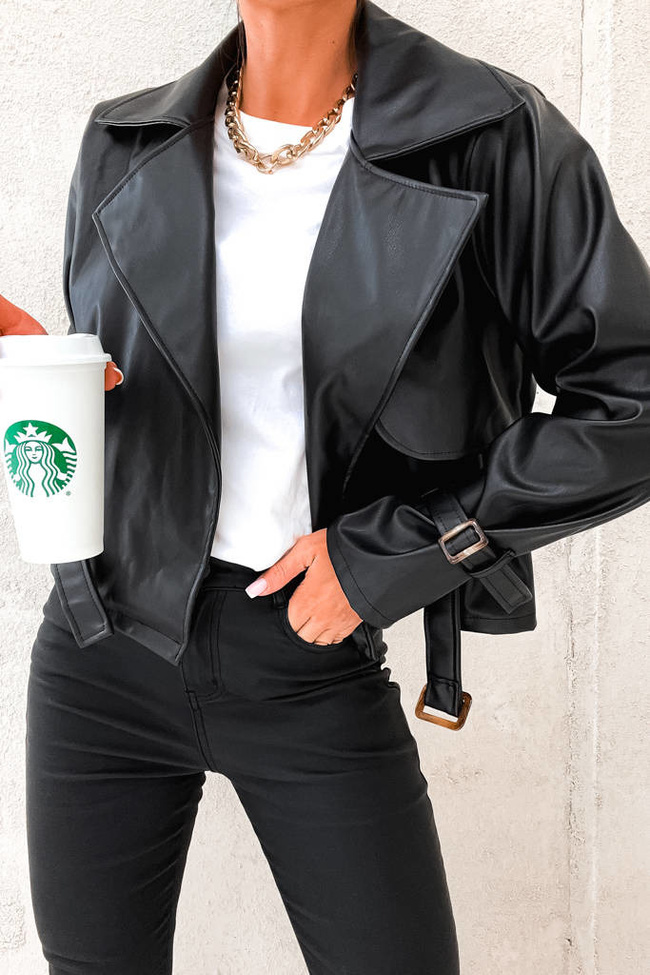 KRÓTKI TRENCZ RAMONESKA Z IMITACJI SKÓRY- CZARNY