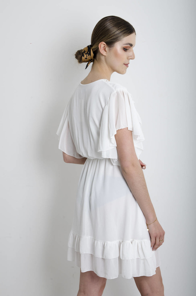 SUKIENKA SZYFONOWA Z AŻUROWYM DEKOLTEM BIAŁA 