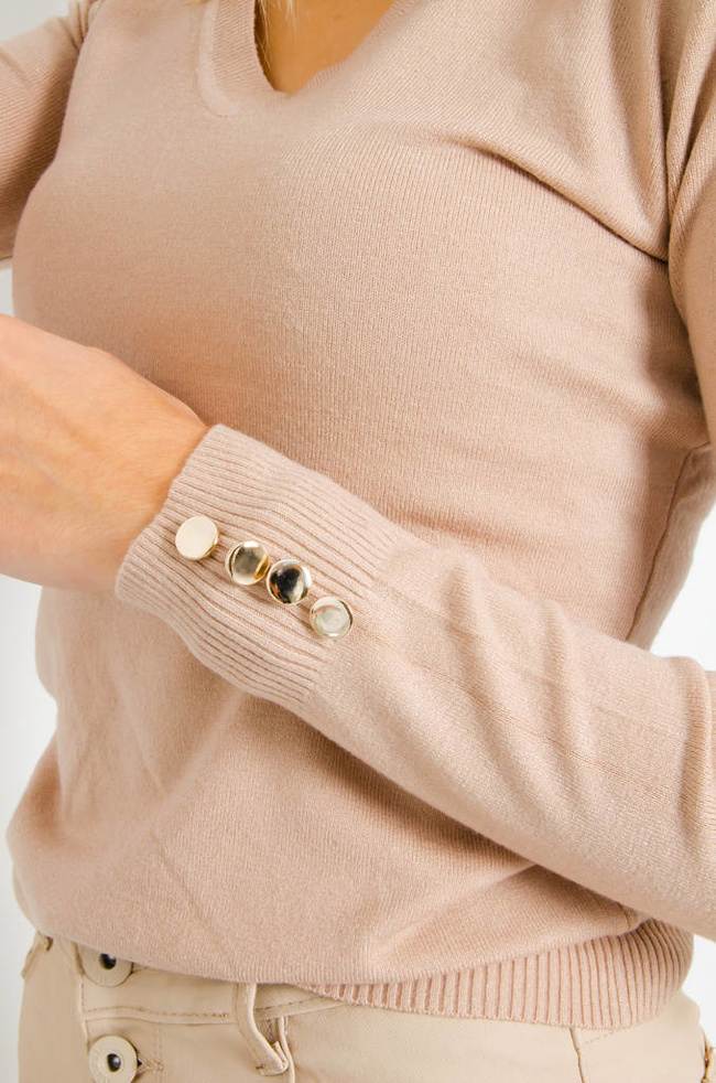 SWETER Z OZDOBNYMI GUZIKAMI Z DEKOLTEM W SEREK- BRĄZOWY