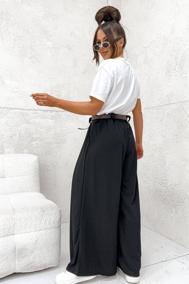 SZEROKIE SPODNIE ONESIZE Z WYSOKIM STANEM I PASKIEM- CZARNE