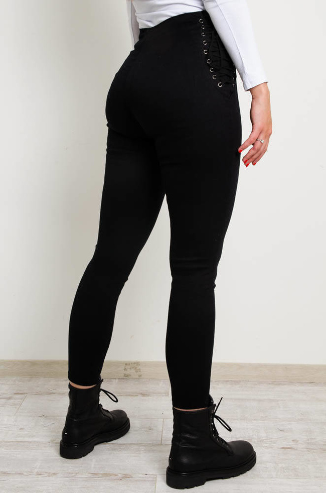 CZARNE WYSZCZUPLAJĄCE SPODNIE Z WIĄZANIAMI PO BOKACH-WYSOKI STAN