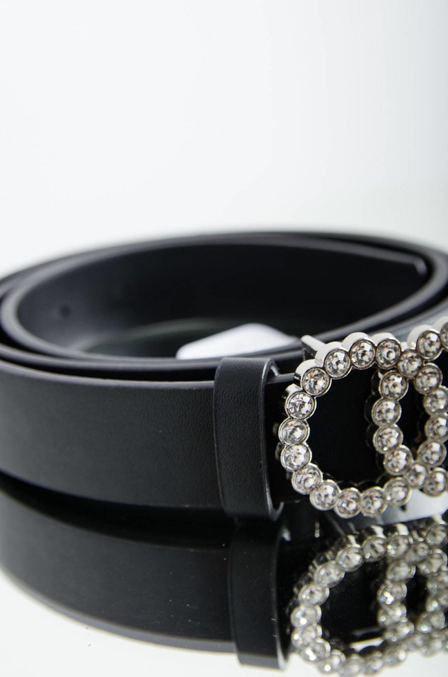 DAMSKI CZARNY PASEK Z PODWÓJNĄ KLAMRĄ CYRKONIE 