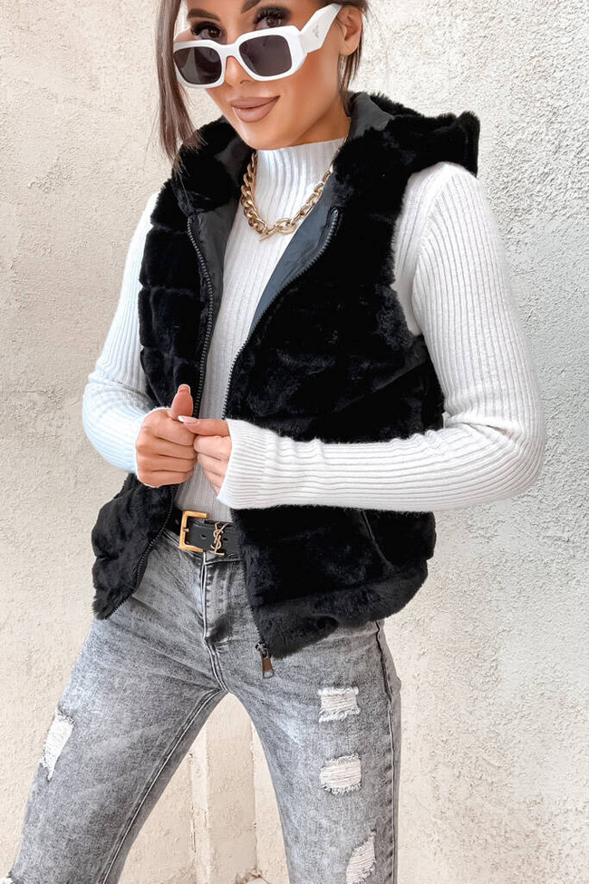 CZARNA FUTRZANA KAMIZELKA - BEZRĘKAWNIK