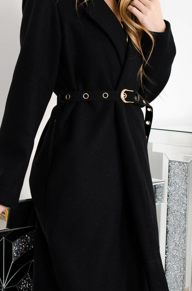 CZARNY DŁUGI PŁASZCZ Z PASKIEM