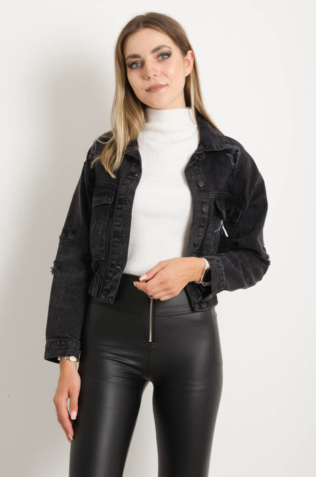 KURTKA JEANSOWA Z GUMĄ I PRZETARCIAMI- CZARNA